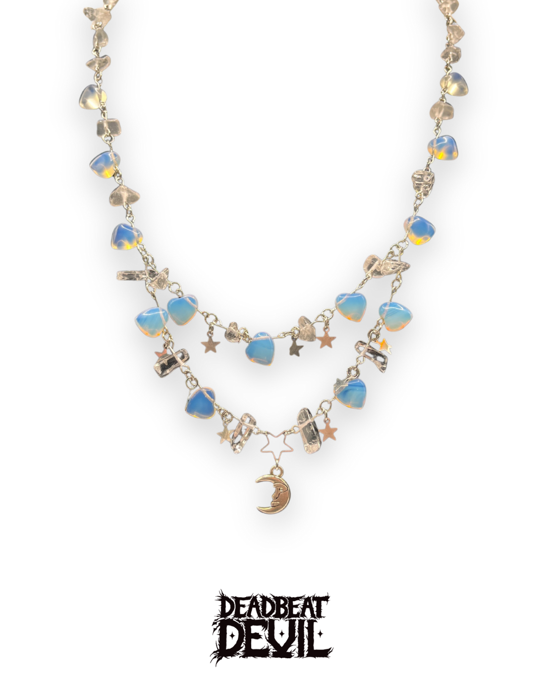 Clear Quartz and Opal Stars and Moon necklace