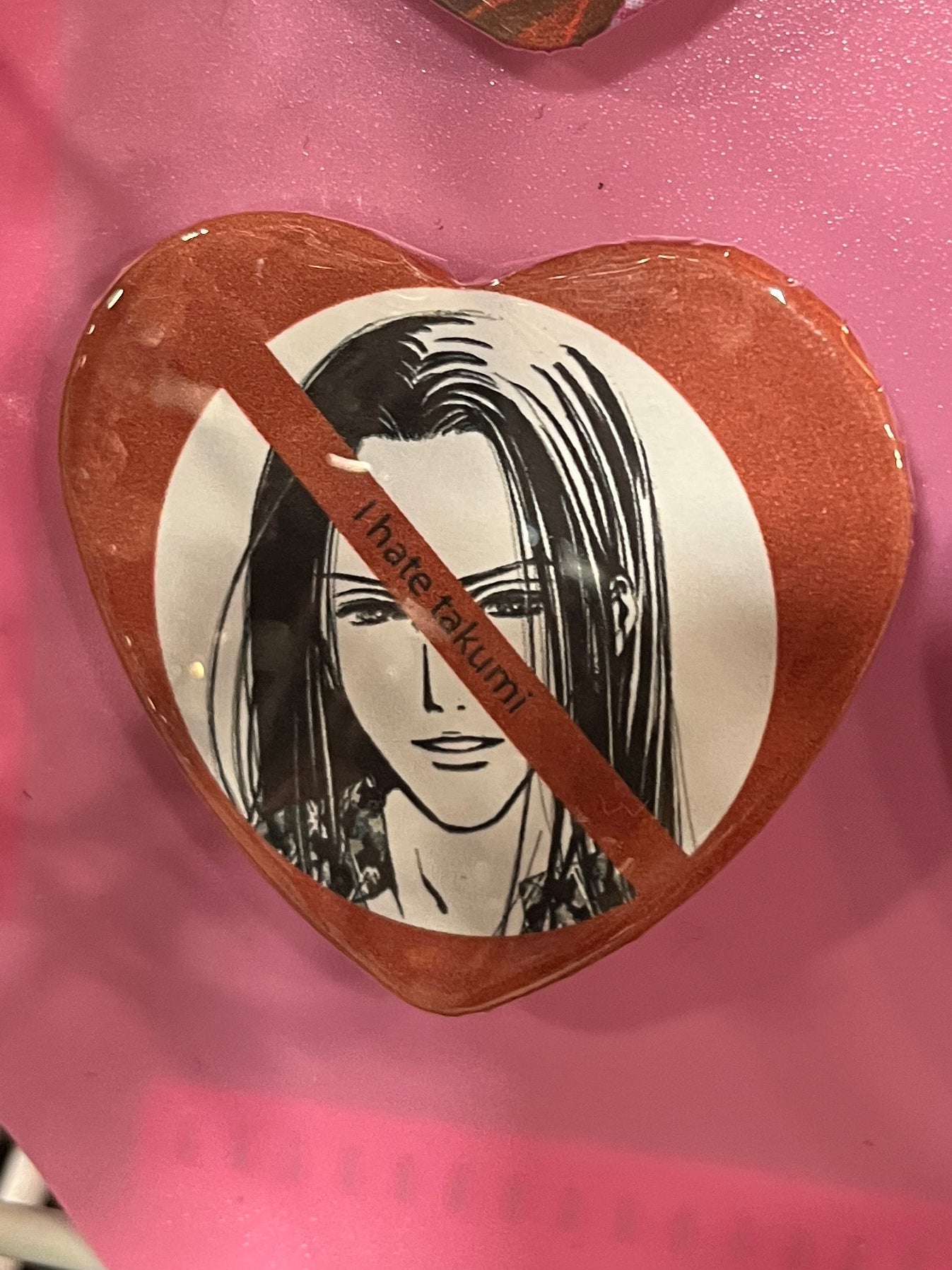 I Hate Takumi heart shaped button pin
