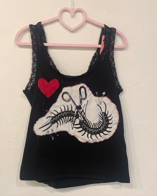 Lace Tank Top with Screen Printed Patched