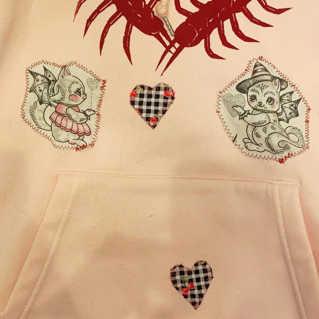 Pastel Pink Patchwork Screen Printed Hoodie with Metal Accents