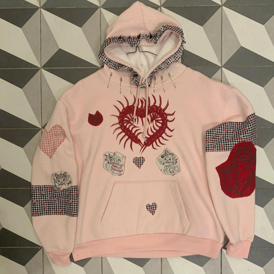 Pastel Pink Patchwork Screen Printed Hoodie with Metal Accents