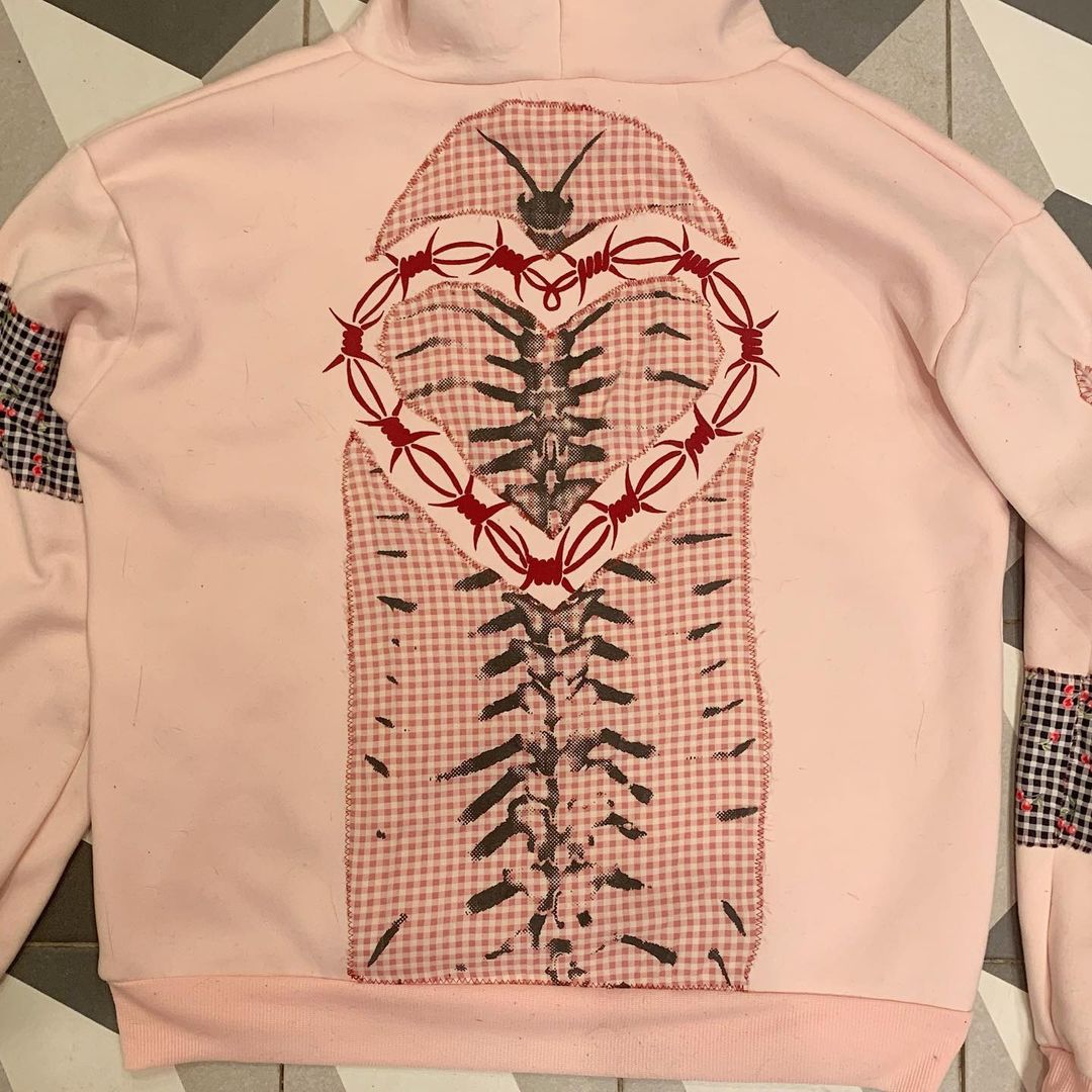 Pastel Pink Patchwork Screen Printed Hoodie with Metal Accents