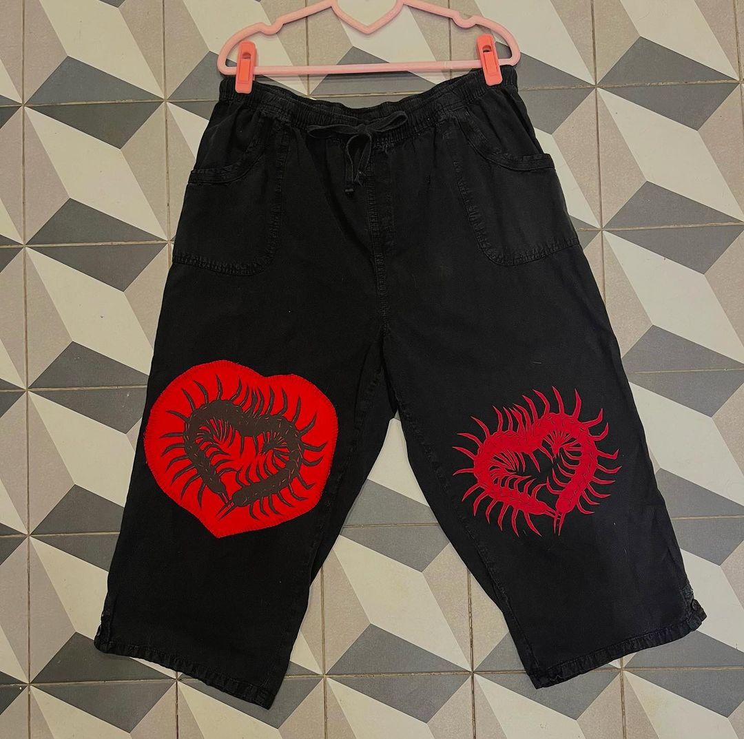 Patchwork Screen Printed Heart Knee Pants