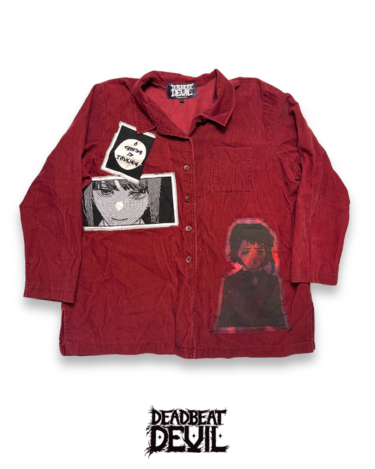 Red Button Up Patchwork Long Sleeve Shirt