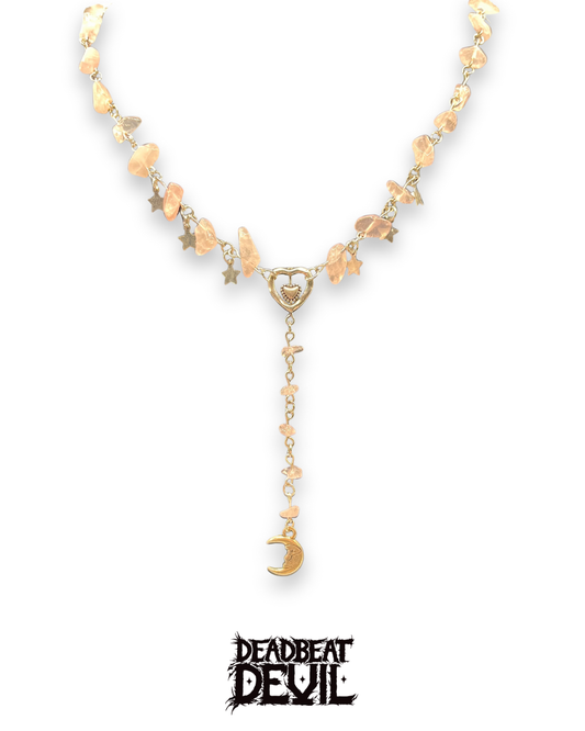 Rose Quarts stars and moon rosary style necklace