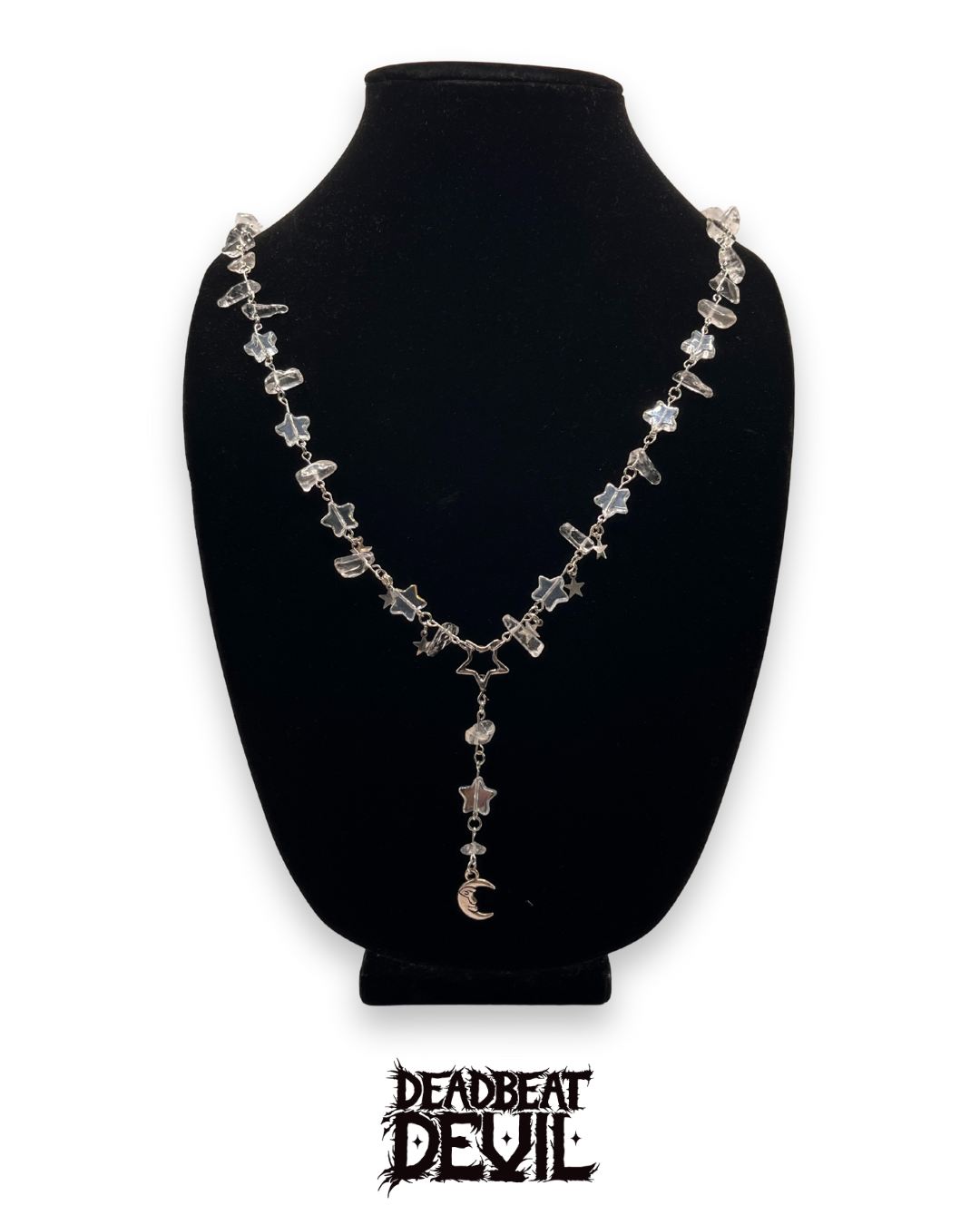 Clear Quarts stars and moon rosary style necklace