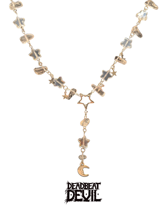 Clear Quarts stars and moon rosary style necklace