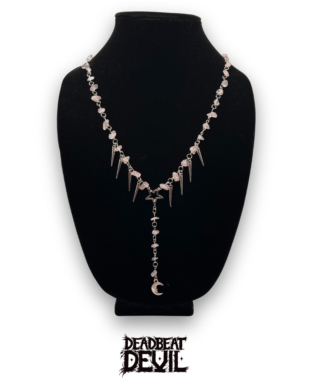 Rose Quarts spiky stars and moon rosary style necklace