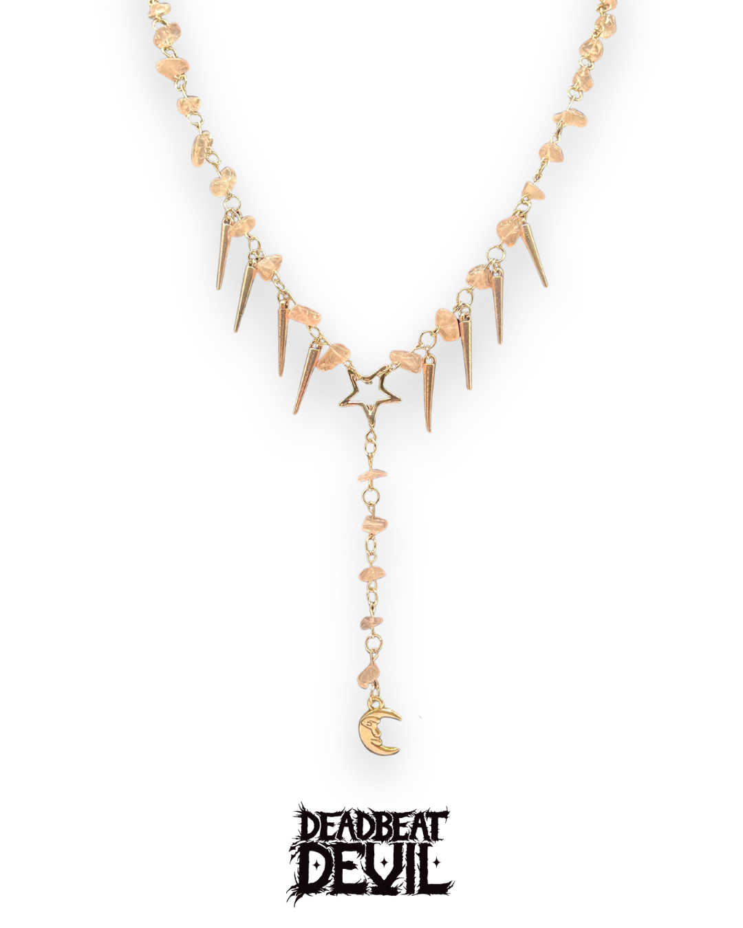 Rose Quarts spiky stars and moon rosary style necklace