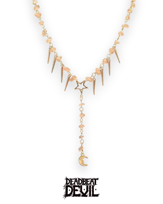 Rose Quarts spiky stars and moon rosary style necklace