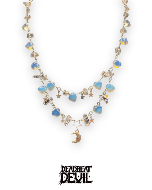 Clear Quartz and Opal Stars and Moon necklace