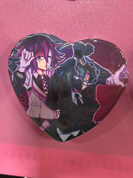 Shuichi and Kokichi heart shaped button pin
