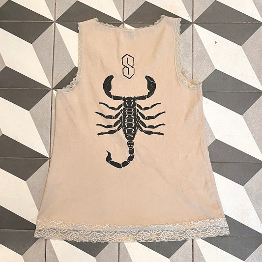 Beige Scorpion Tank Top with Lace Accents