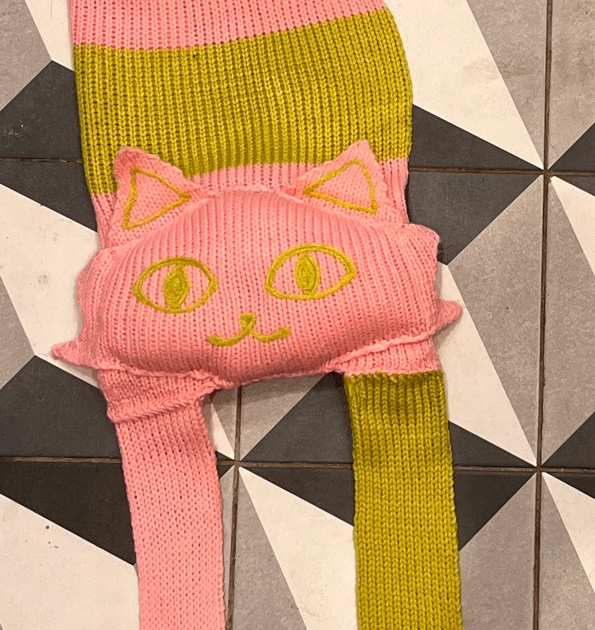 Pink and Green Knit Kitty Scarf