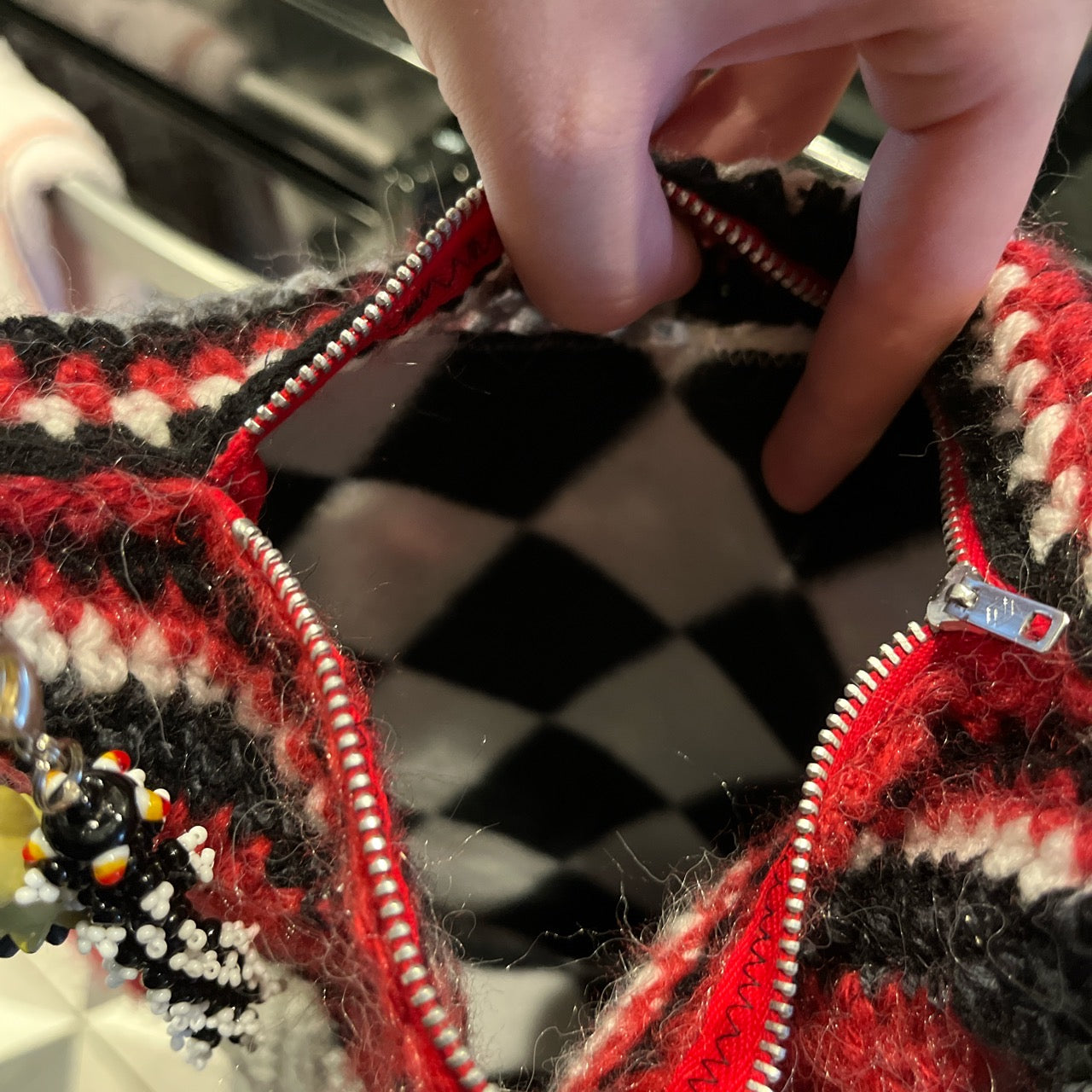 Red White Black Crochet Star Bag