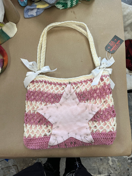 Pastel Pink Crochet Star Tote Bag