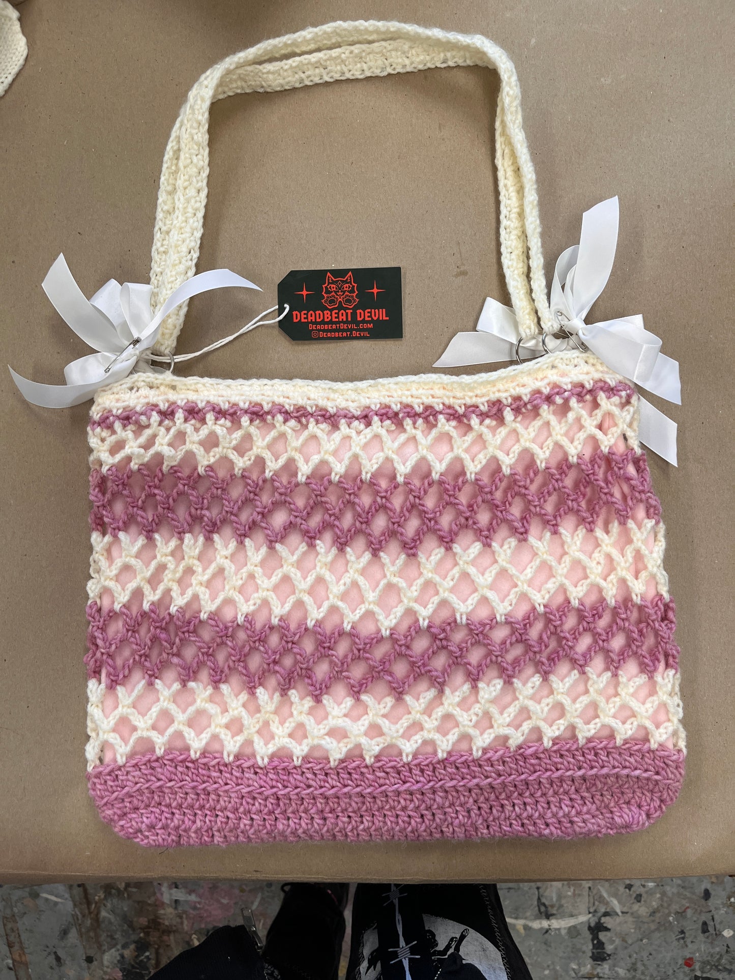 Pastel Pink Crochet Star Tote Bag