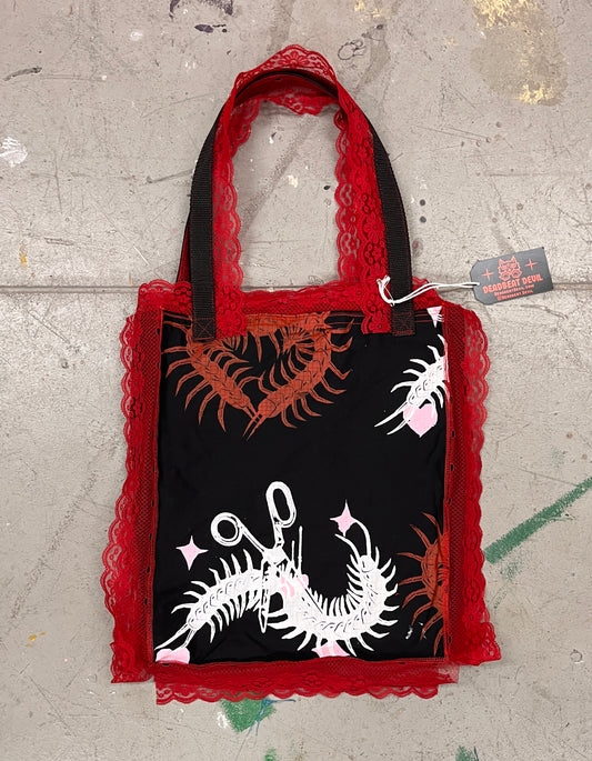 Screenprinted Tote Bag with Lace Accents