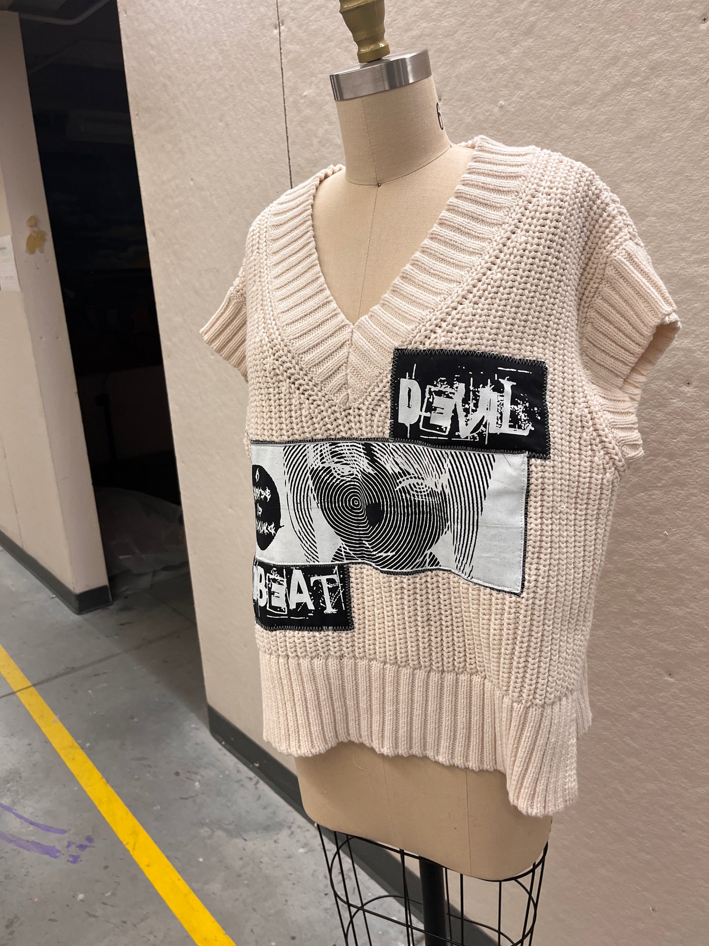 Cream and Black Industry Plant Sweater Vest