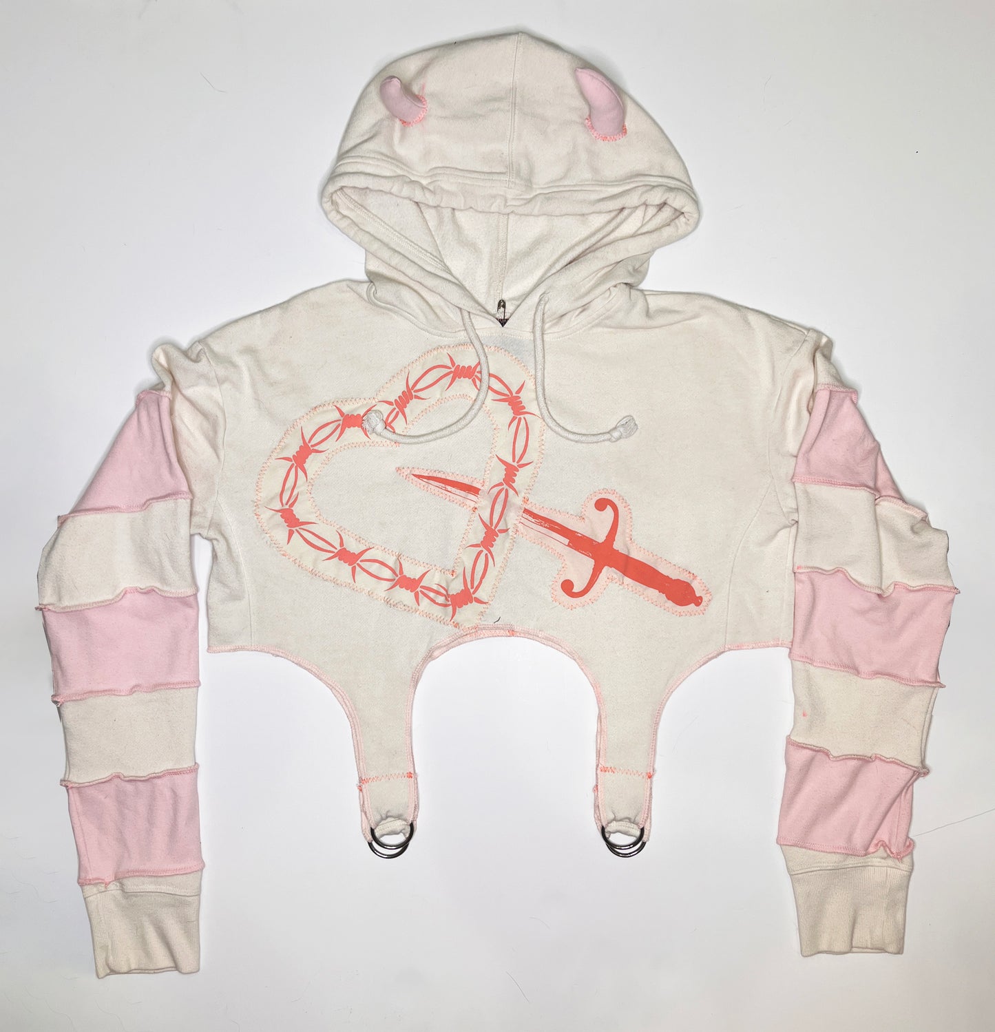 Pastel Pink and White Devil Patchwork Harness Hoodie