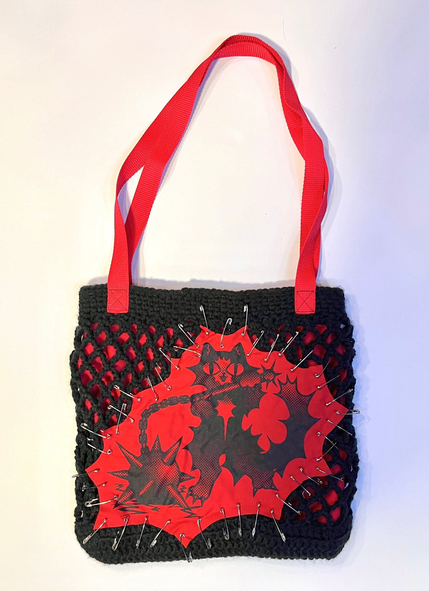 Kitty Crocheted Netted Tote Bag Red and Black