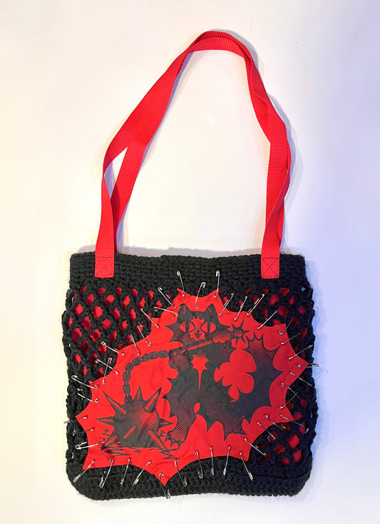 Kitty Crocheted Netted Tote Bag Red and Black