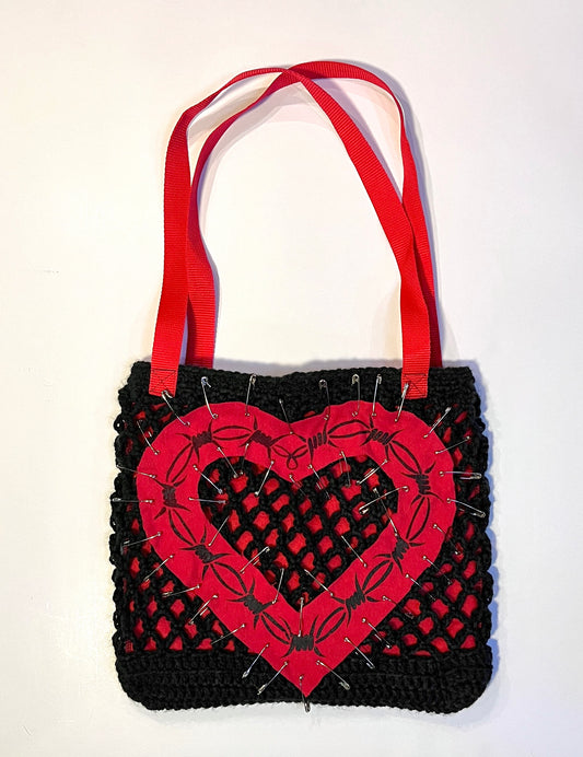 Heart Crocheted Netted Tote Bag Red and Black