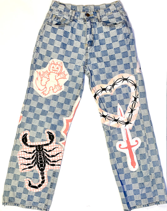 Checker Print Patchwork Jeans