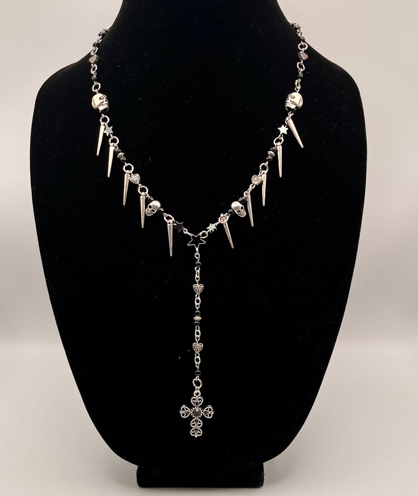 Rosary Style Black and Silver Necklace