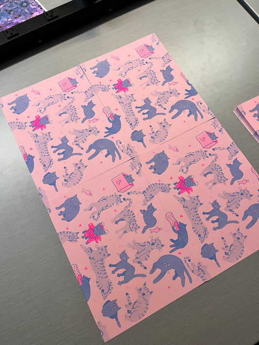 Pastel Kitty Risograph Print Repeating Pattern