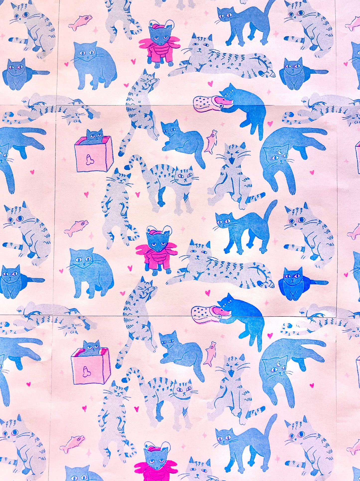 Pastel Kitty Risograph Print Repeating Pattern