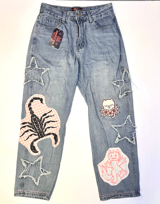 Pink Patchwork on Denim Jeans