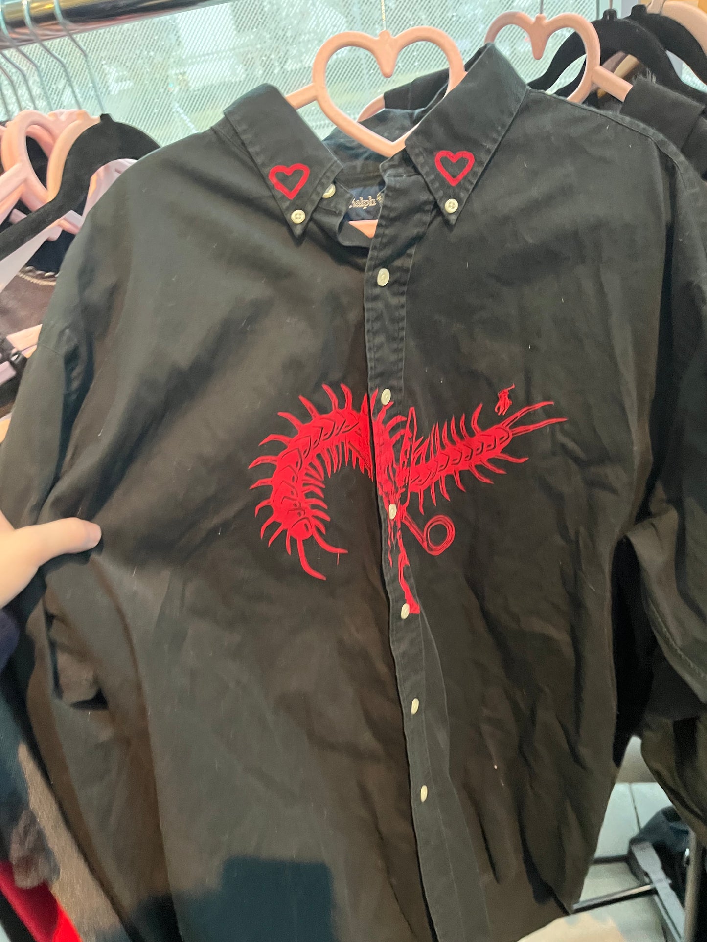 Centipede Screen Printed Red on Black Long Sleeve Collar Shirt